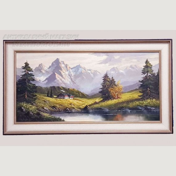 Картина "Дом у горного озера". Холст, масло, живопись, R. Berger